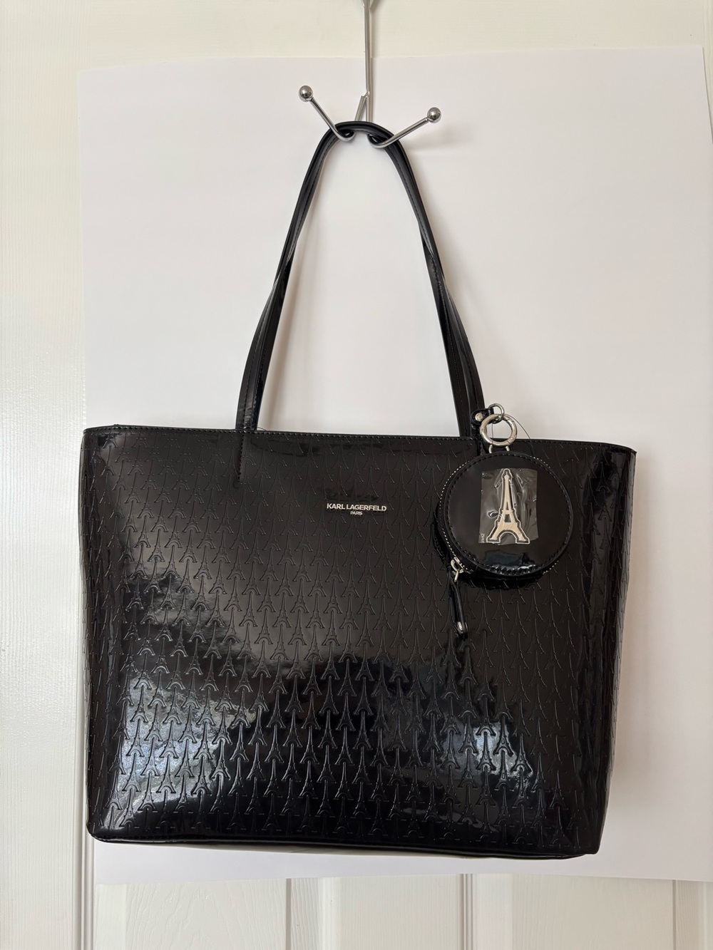 Karl Lagerfeld Black Patent Embossed Shoulder Tote with Coin Pouch